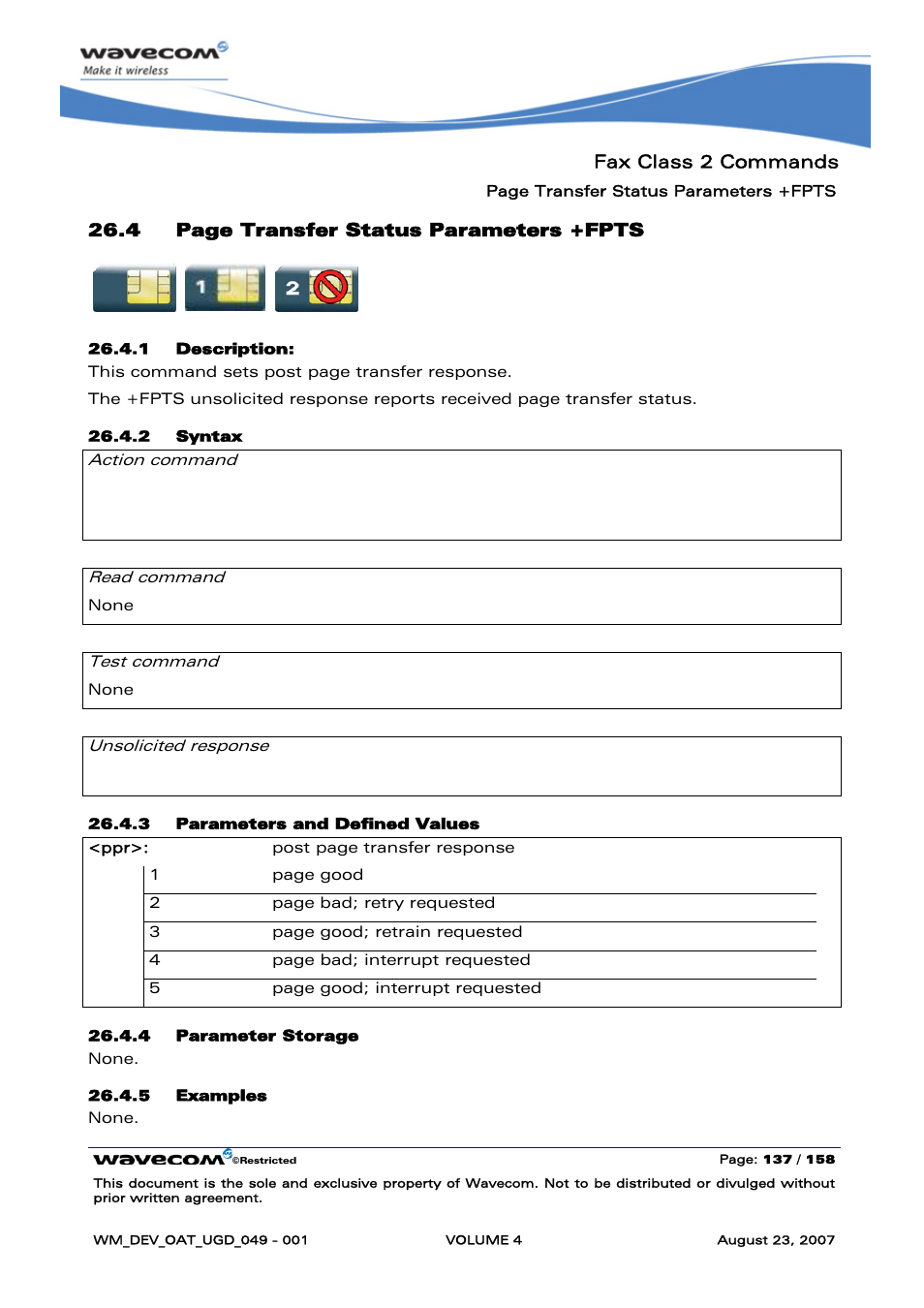 Fax class 2 commands, 4 page transfer status parameters +fpts, At+fpts=<ppr> ok | Fpts: <ppr | Rainbow Electronics FARGO MAESTRO 100 (with TCP_IP) User Manual | Page 685 / 787
