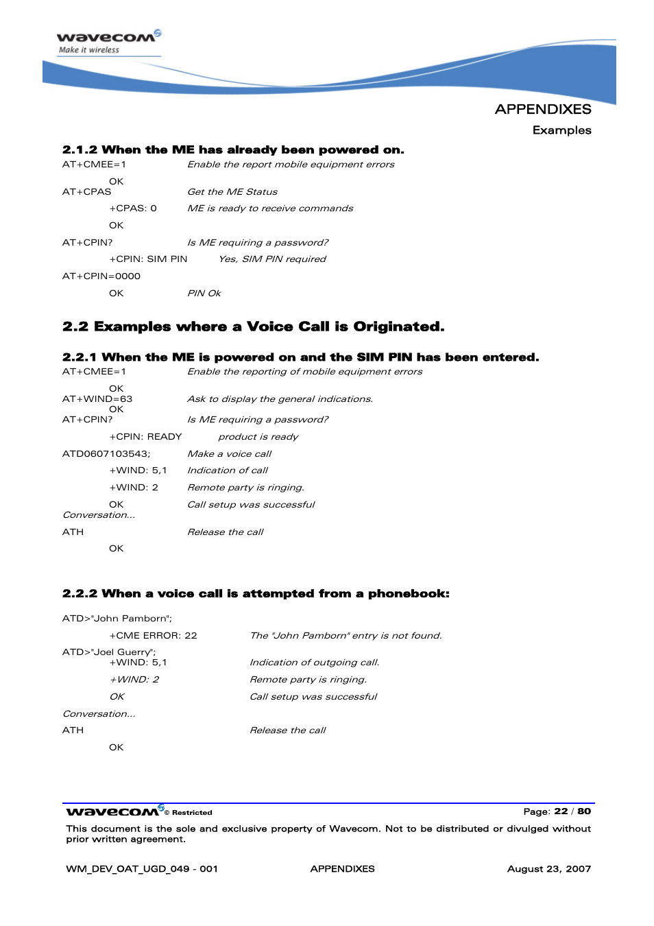 Examples where a voice call is originated, Appendixes, 2 examples where a voice call is originated | Rainbow Electronics FARGO MAESTRO 100 (with TCP_IP) User Manual | Page 728 / 787