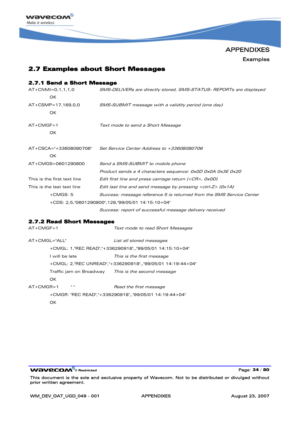 Examples about short messages, Appendixes, 7 examples about short messages | Rainbow Electronics FARGO MAESTRO 100 (with TCP_IP) User Manual | Page 740 / 787