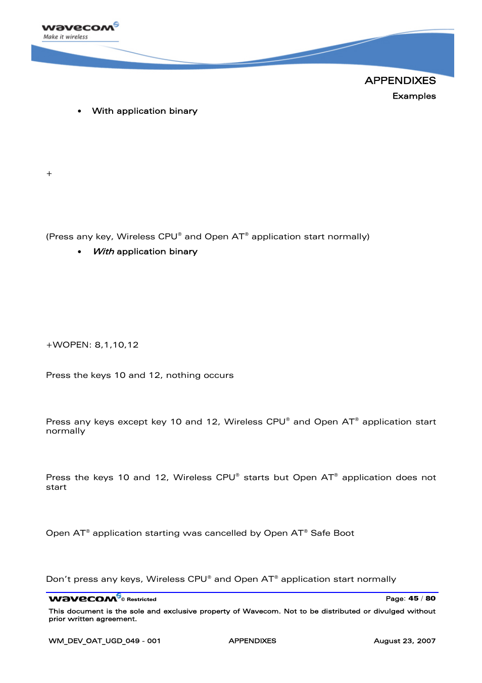 Appendixes, At+wopen=1 ok at+wopen=8, At+cfun=1 ok | At+wopen=7 +wopen: 7,14 | Rainbow Electronics FARGO MAESTRO 100 (with TCP_IP) User Manual | Page 751 / 787