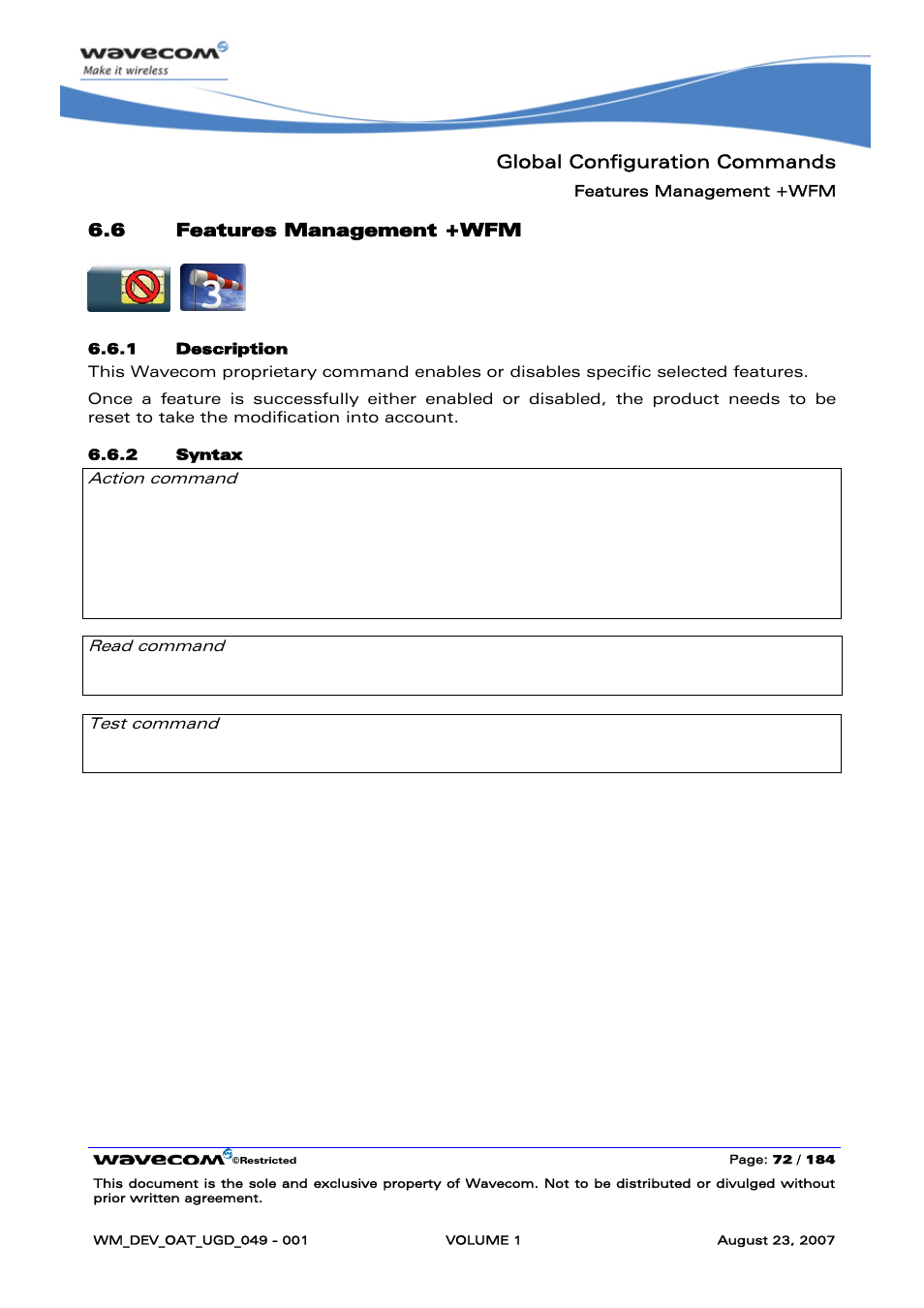 Features management +wfm, Global configuration commands, 6 features management +wfm | None | Rainbow Electronics FARGO MAESTRO 100 (with TCP_IP) User Manual | Page 78 / 787