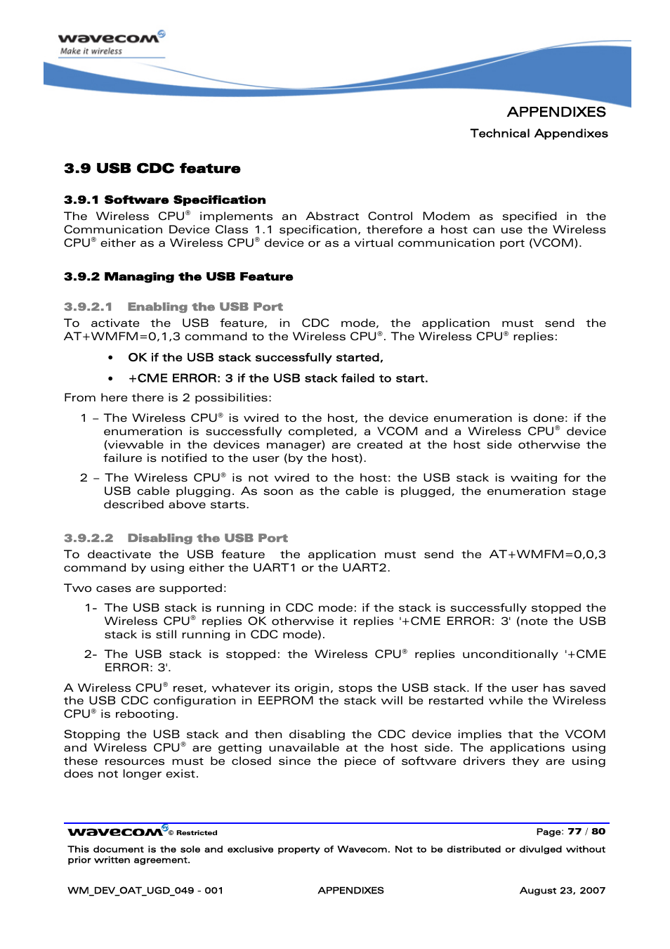 Usb cdc feature, Appendixes, 9 usb cdc feature | Rainbow Electronics FARGO MAESTRO 100 (with TCP_IP) User Manual | Page 783 / 787