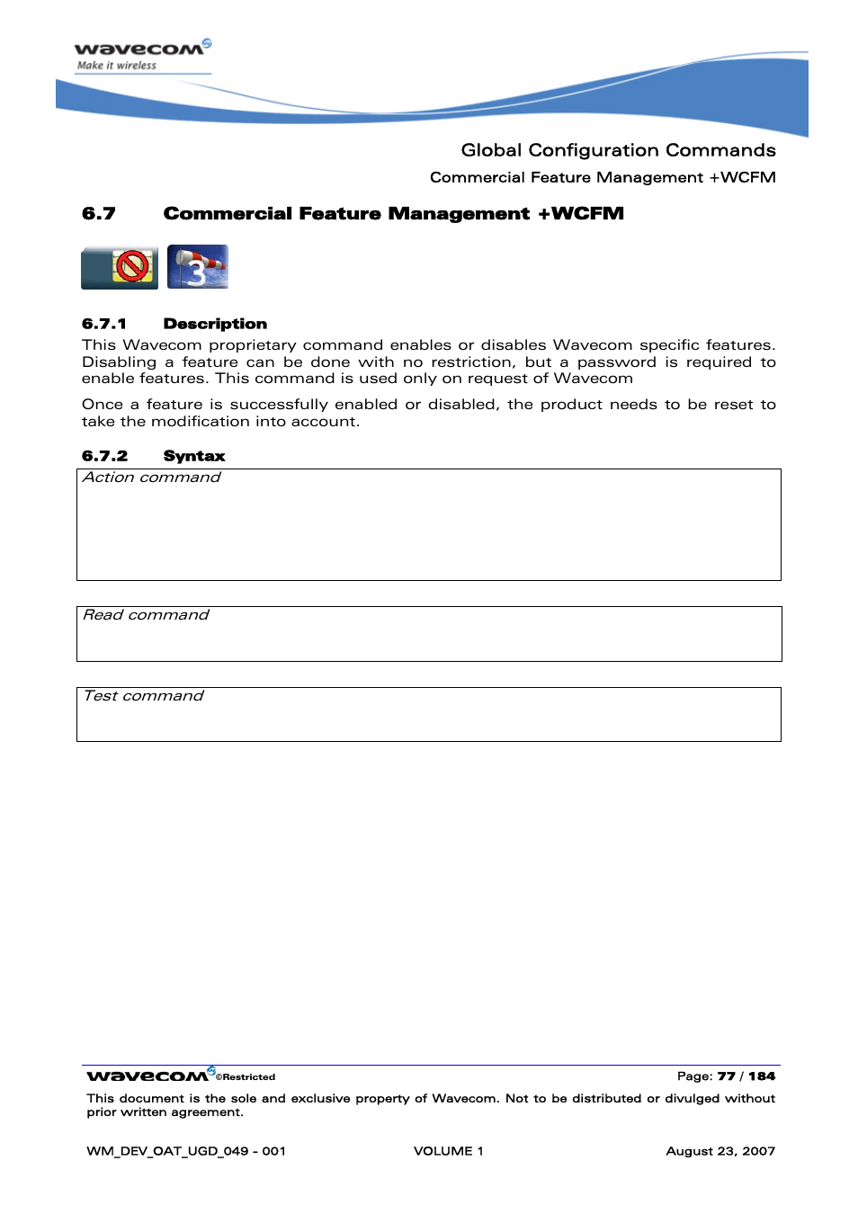 Commercial feature management +wcfm, Global configuration commands, 7 commercial feature management +wcfm | None | Rainbow Electronics FARGO MAESTRO 100 (with TCP_IP) User Manual | Page 83 / 787