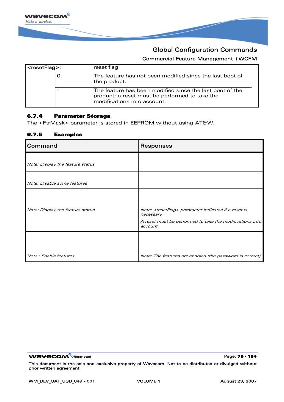 Global configuration commands, At+wcfm=2 | Rainbow Electronics FARGO MAESTRO 100 (with TCP_IP) User Manual | Page 85 / 787