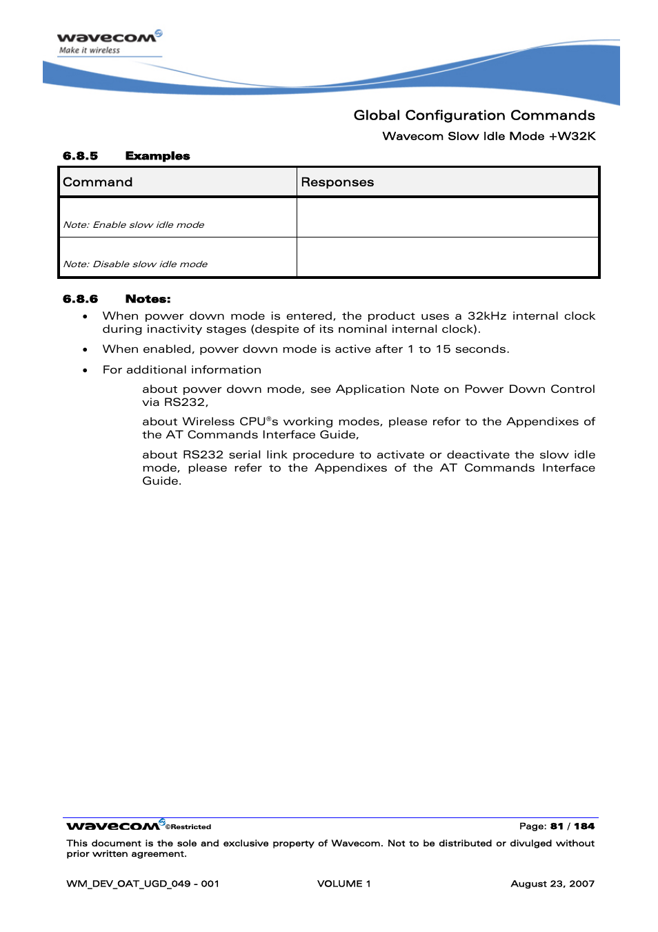 Global configuration commands, At+w32k=1, At+w32k=0 | Rainbow Electronics FARGO MAESTRO 100 (with TCP_IP) User Manual | Page 87 / 787