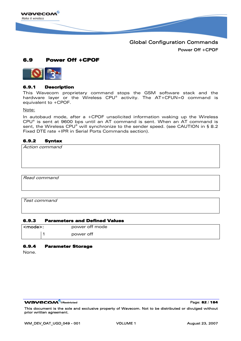 Power off +cpof, Global configuration commands, 9 power off +cpof | At+cpof[=<mode>] ok, None | Rainbow Electronics FARGO MAESTRO 100 (with TCP_IP) User Manual | Page 88 / 787