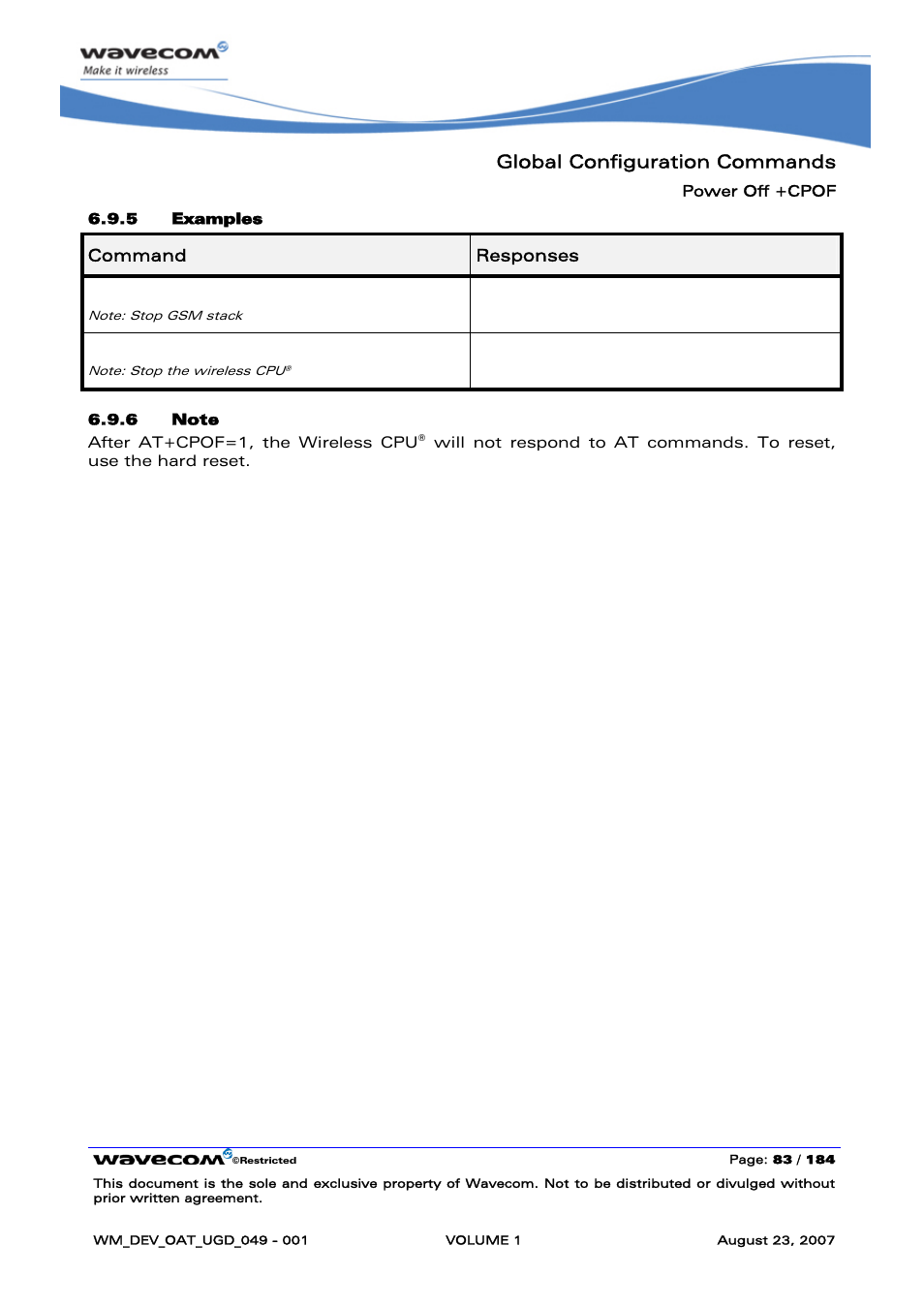 Global configuration commands, At+cpof, At+cpof=1 | Rainbow Electronics FARGO MAESTRO 100 (with TCP_IP) User Manual | Page 89 / 787