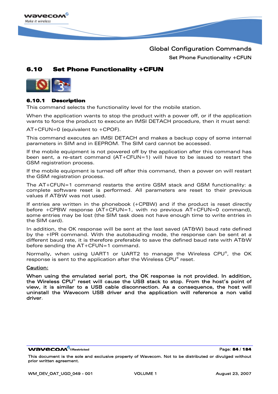 Set phone functionality +cfun, Global configuration commands, 10 set phone functionality +cfun | Rainbow Electronics FARGO MAESTRO 100 (with TCP_IP) User Manual | Page 90 / 787