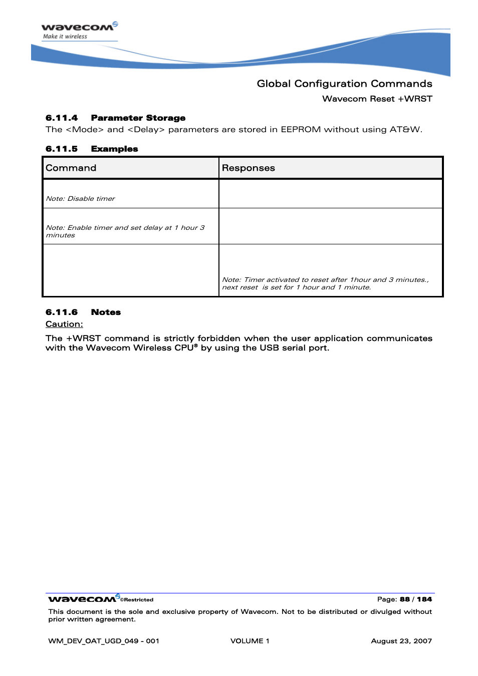 Global configuration commands, At+wrst=0 | Rainbow Electronics FARGO MAESTRO 100 (with TCP_IP) User Manual | Page 94 / 787