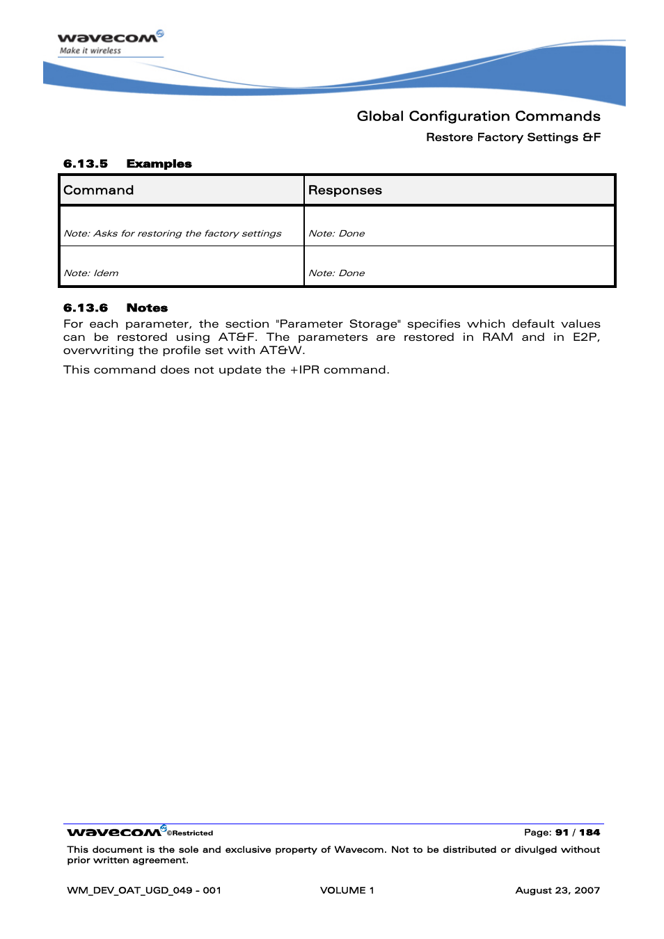 Global configuration commands, At&f, At&f0 | Rainbow Electronics FARGO MAESTRO 100 (with TCP_IP) User Manual | Page 97 / 787