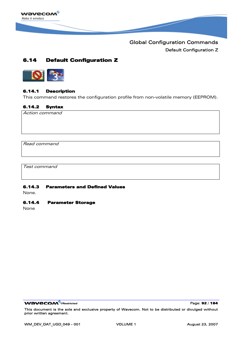 Default configuration z, Global configuration commands, 14 default configuration z | Atz ok, None | Rainbow Electronics FARGO MAESTRO 100 (with TCP_IP) User Manual | Page 98 / 787