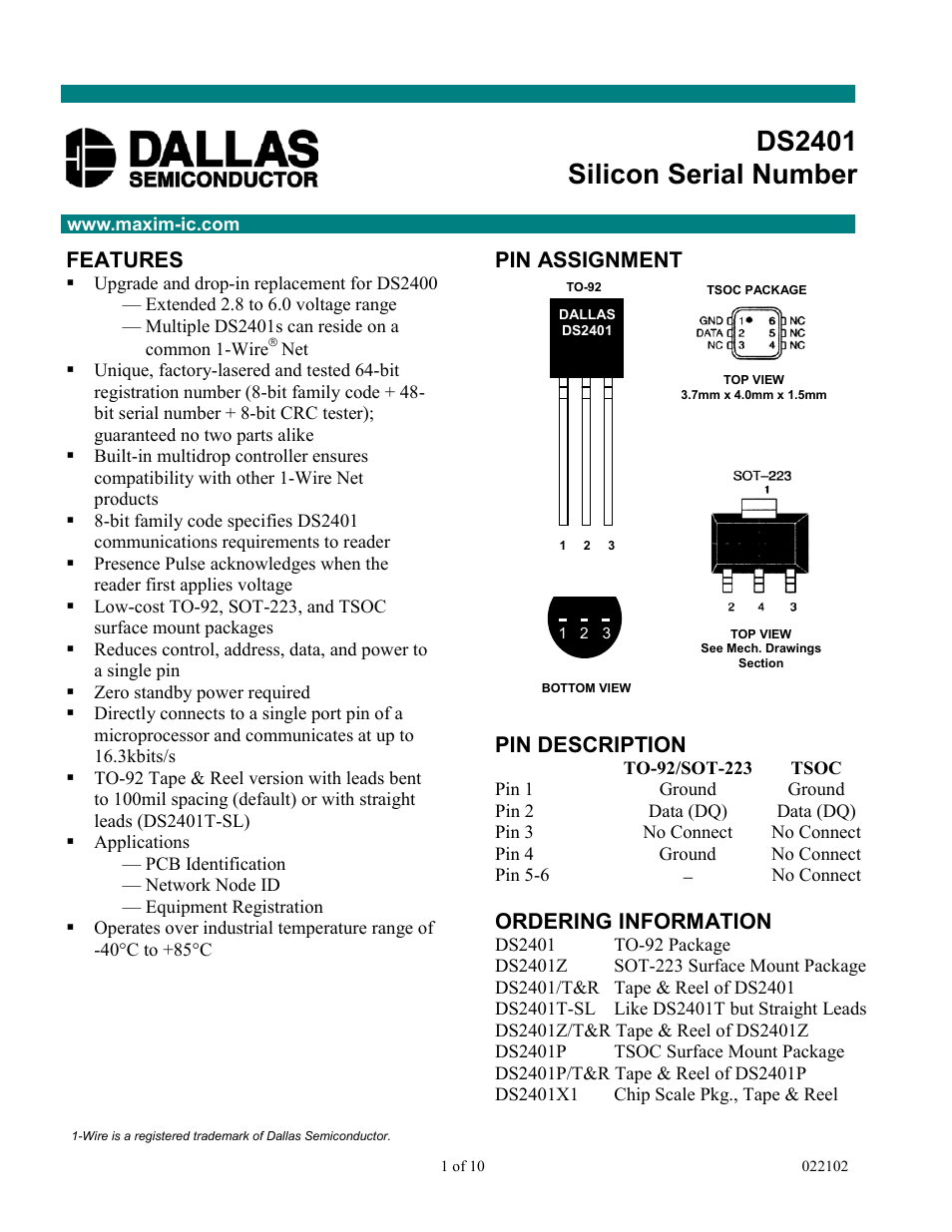 Rainbow Electronics DS2401 User Manual | 10 pages