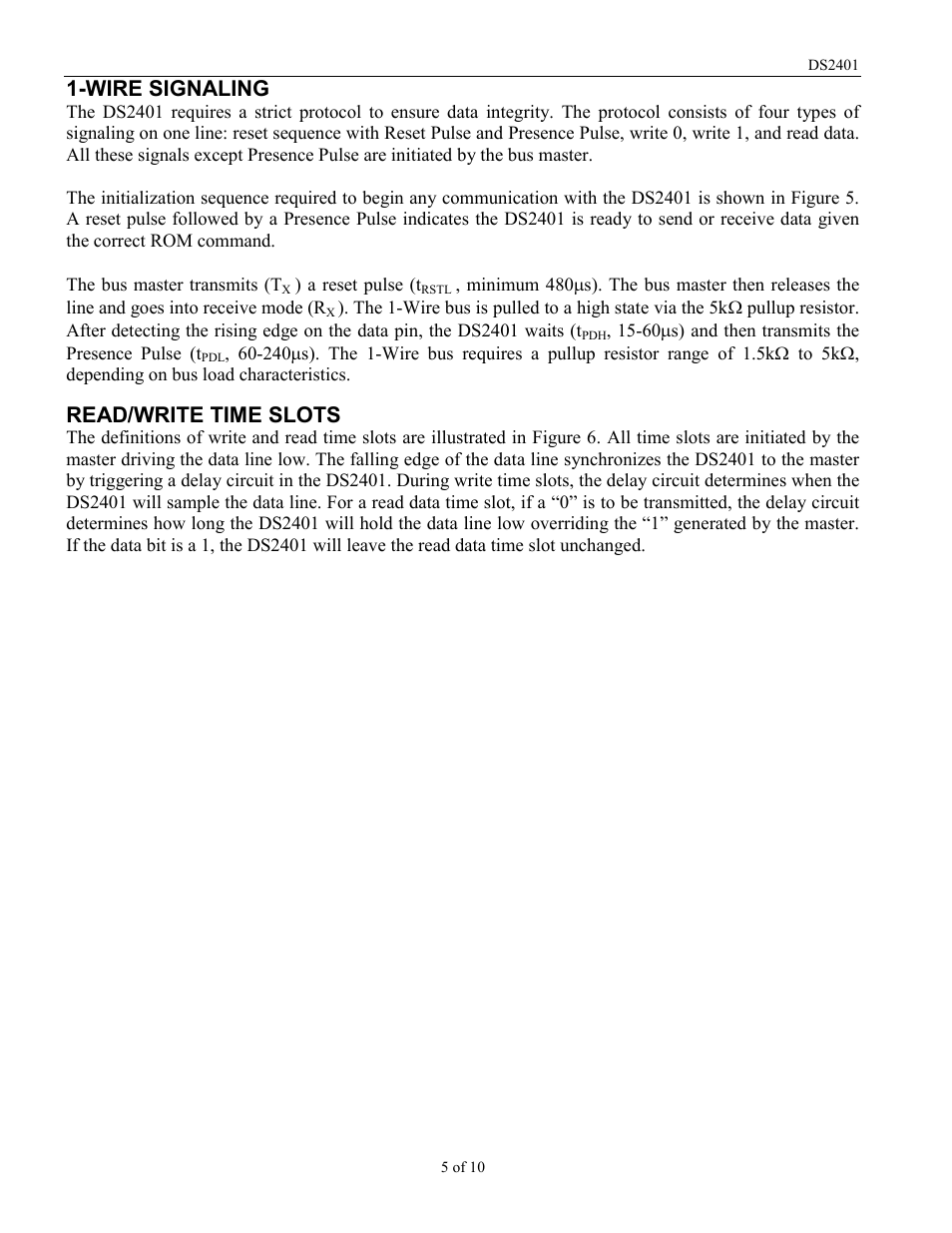 Wire signaling, Read/write time slots | Rainbow Electronics DS2401 User Manual | Page 5 / 10