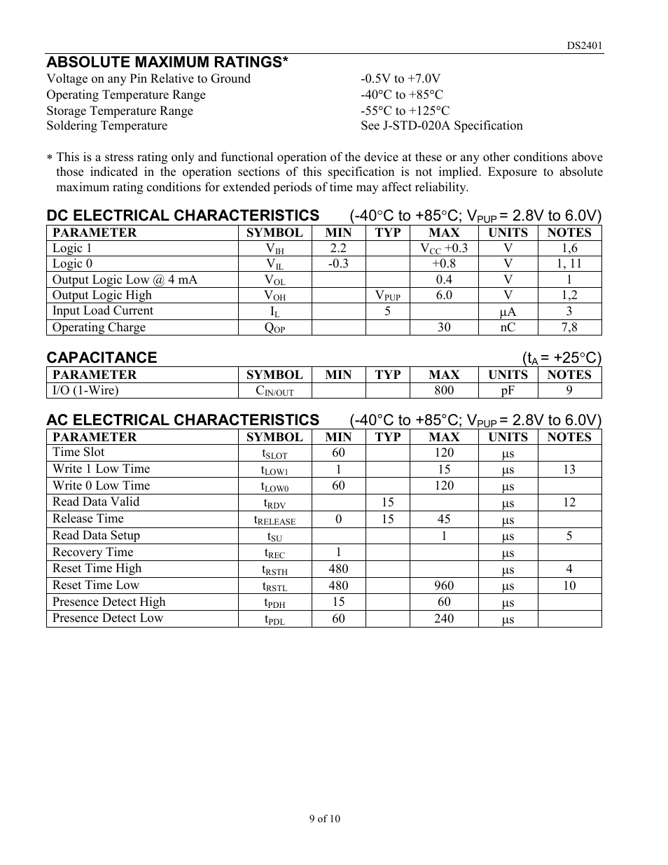 Absolute maximum ratings, Dc electrical characteristics (-40 °c to +85°c; v, 8v to 6.0v) | Capacitance (t, 25 °c), Ac electrical characteristics (-40°c to +85°c; v | Rainbow Electronics DS2401 User Manual | Page 9 / 10