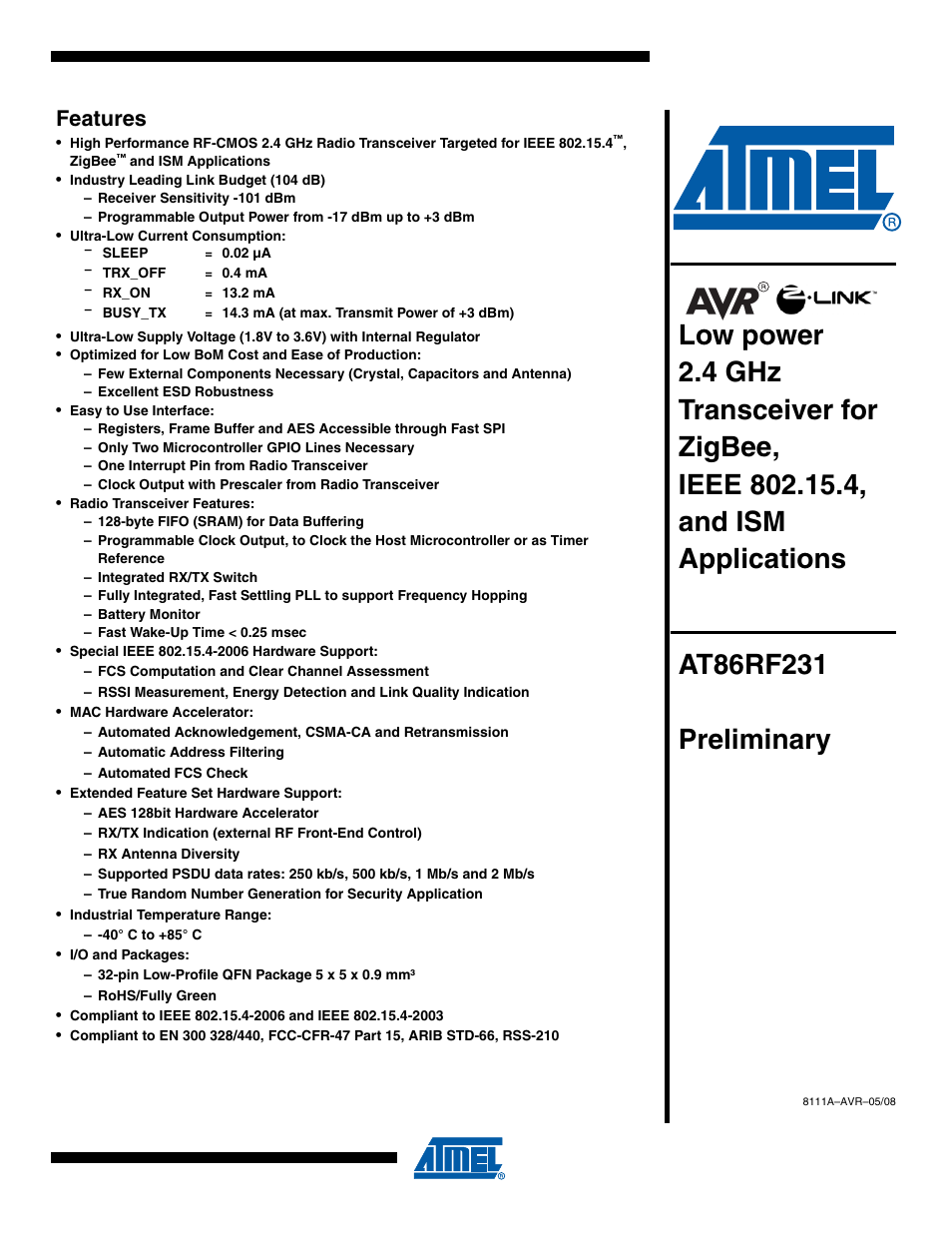 Rainbow Electronics AT86RF231 User Manual | 180 pages