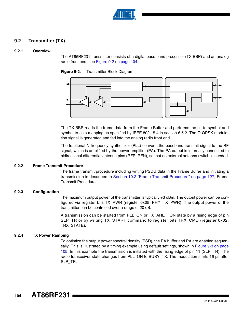 2 transmitter (tx), 1 overview, 2 frame transmit procedure | 3 configuration, 4 tx power ramping | Rainbow Electronics AT86RF231 User Manual | Page 104 / 180