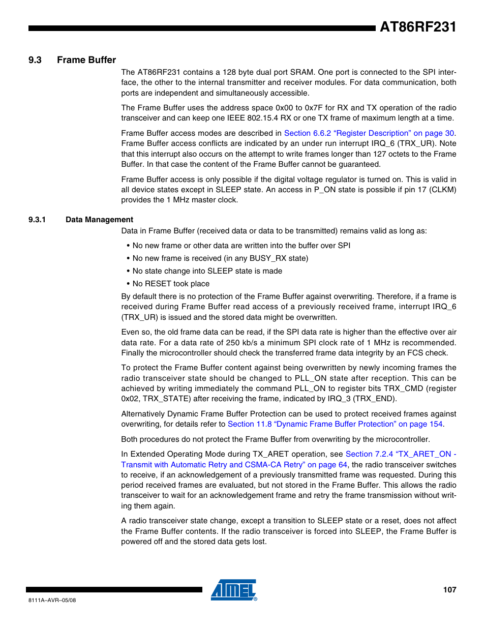 3 frame buffer, 1 data management, Nd in | Section, Accessible (see | Rainbow Electronics AT86RF231 User Manual | Page 107 / 180