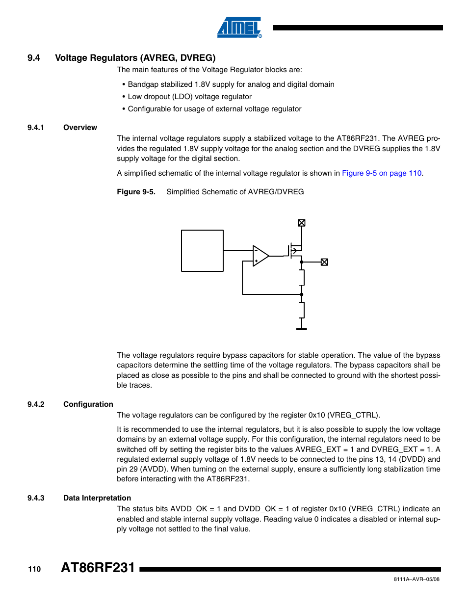 4 voltage regulators (avreg, dvreg), 1 overview, 2 configuration | 3 data interpretation, Section 9.4 | Rainbow Electronics AT86RF231 User Manual | Page 110 / 180