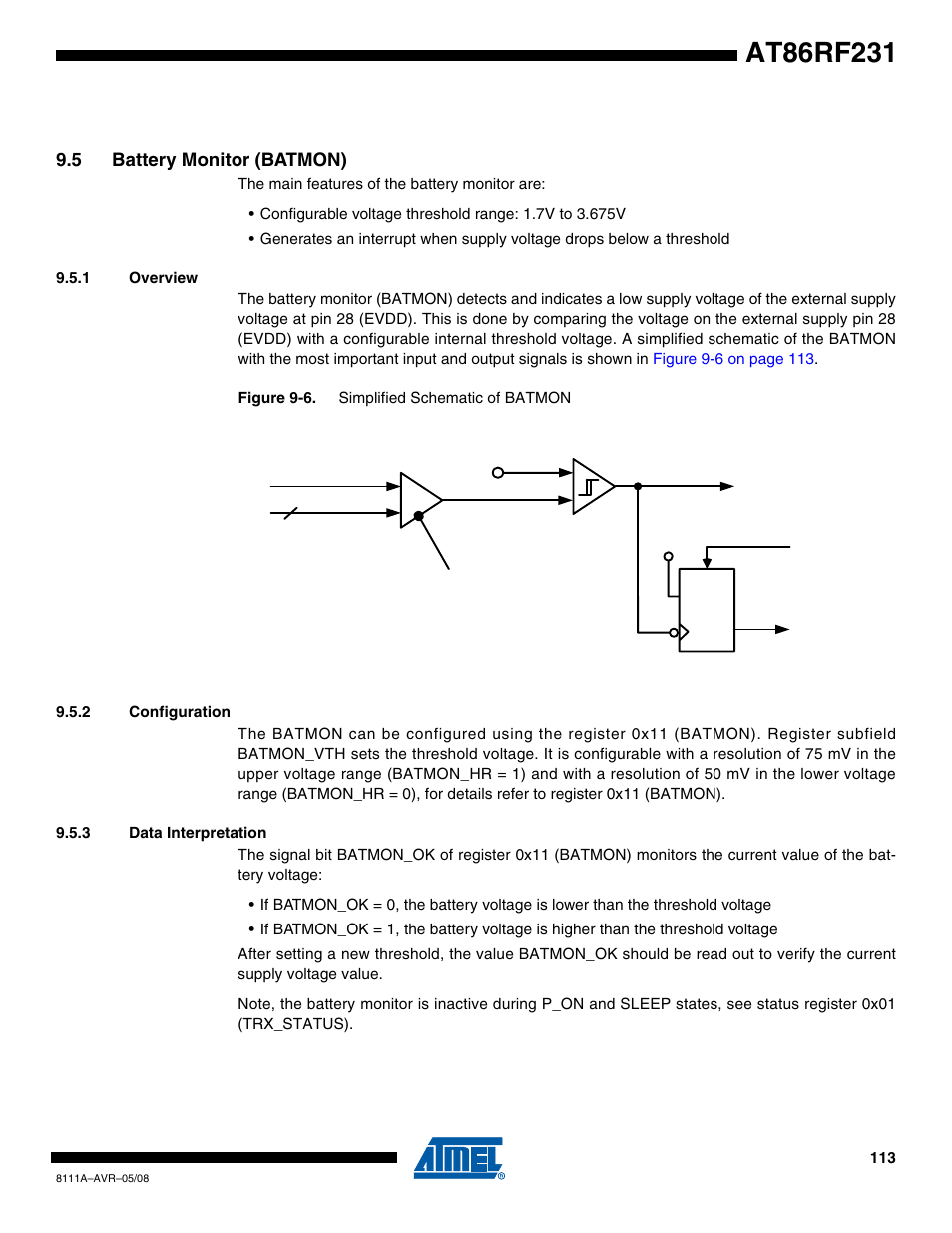 5 battery monitor (batmon), 1 overview, 2 configuration | 3 data interpretation | Rainbow Electronics AT86RF231 User Manual | Page 113 / 180