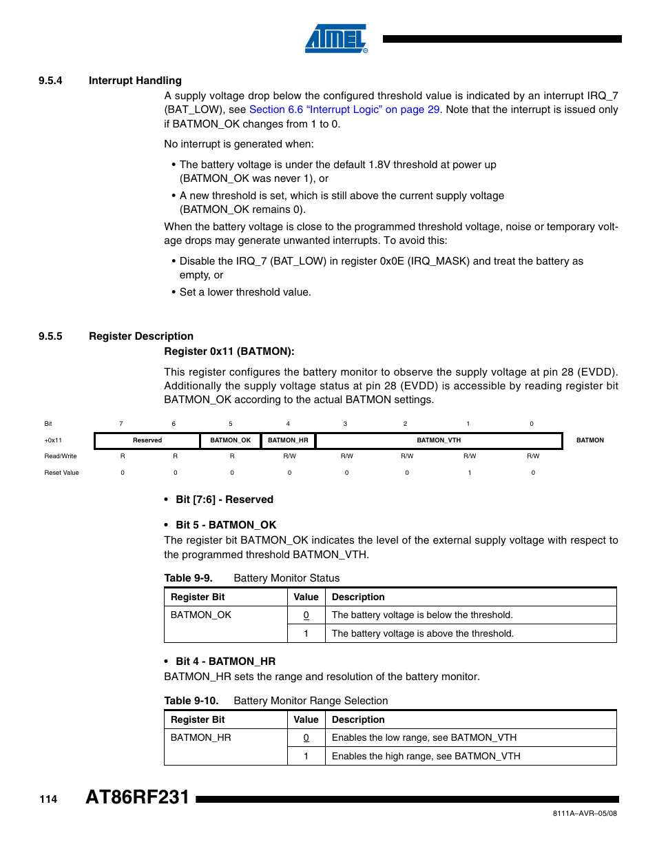 4 interrupt handling, 5 register description, Section 9.5.4 | Rainbow Electronics AT86RF231 User Manual | Page 114 / 180