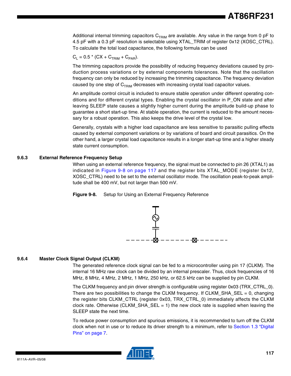 3 external reference frequency setup, 4 master clock signal output (clkm), Section 9.6.4 | R details see | Rainbow Electronics AT86RF231 User Manual | Page 117 / 180