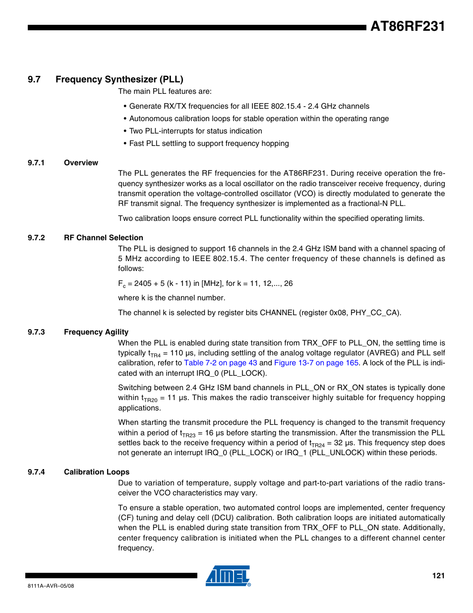7 frequency synthesizer (pll), 1 overview, 2 rf channel selection | 3 frequency agility, 4 calibration loops, R to, Section 9.7.4 | Rainbow Electronics AT86RF231 User Manual | Page 121 / 180