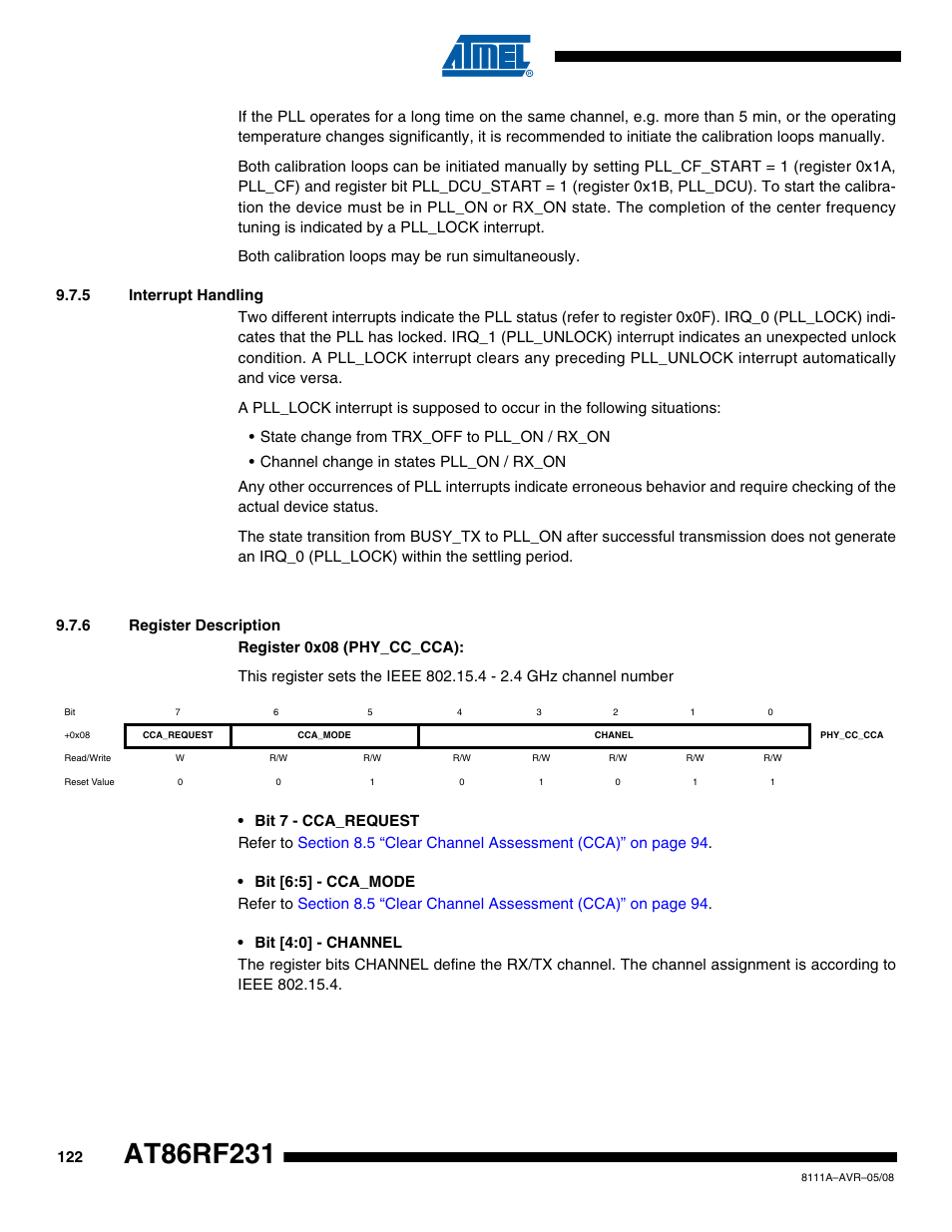 5 interrupt handling, 6 register description, Section 9.7.5 | Rainbow Electronics AT86RF231 User Manual | Page 122 / 180