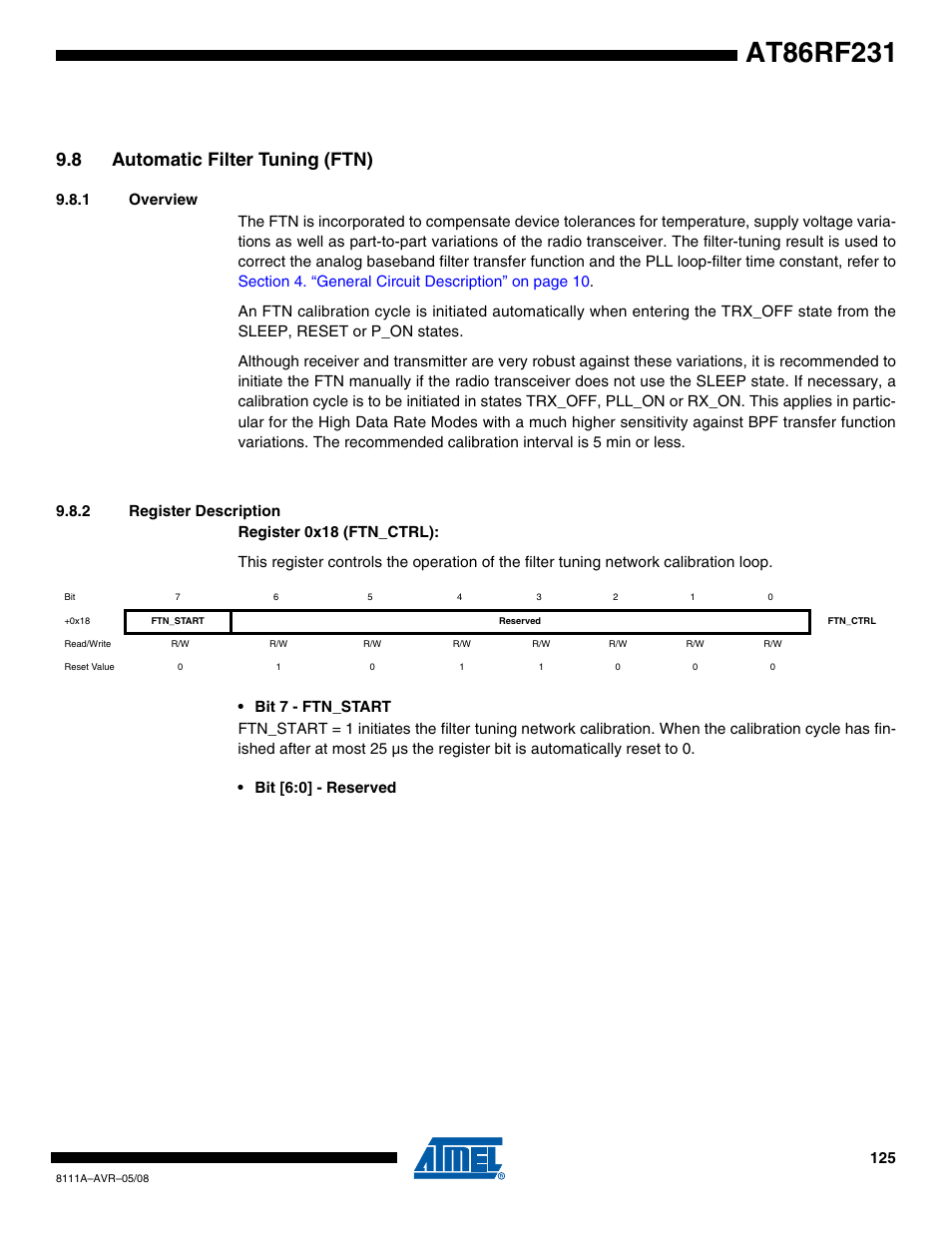 8 automatic filter tuning (ftn), 1 overview, 2 register description | Rainbow Electronics AT86RF231 User Manual | Page 125 / 180