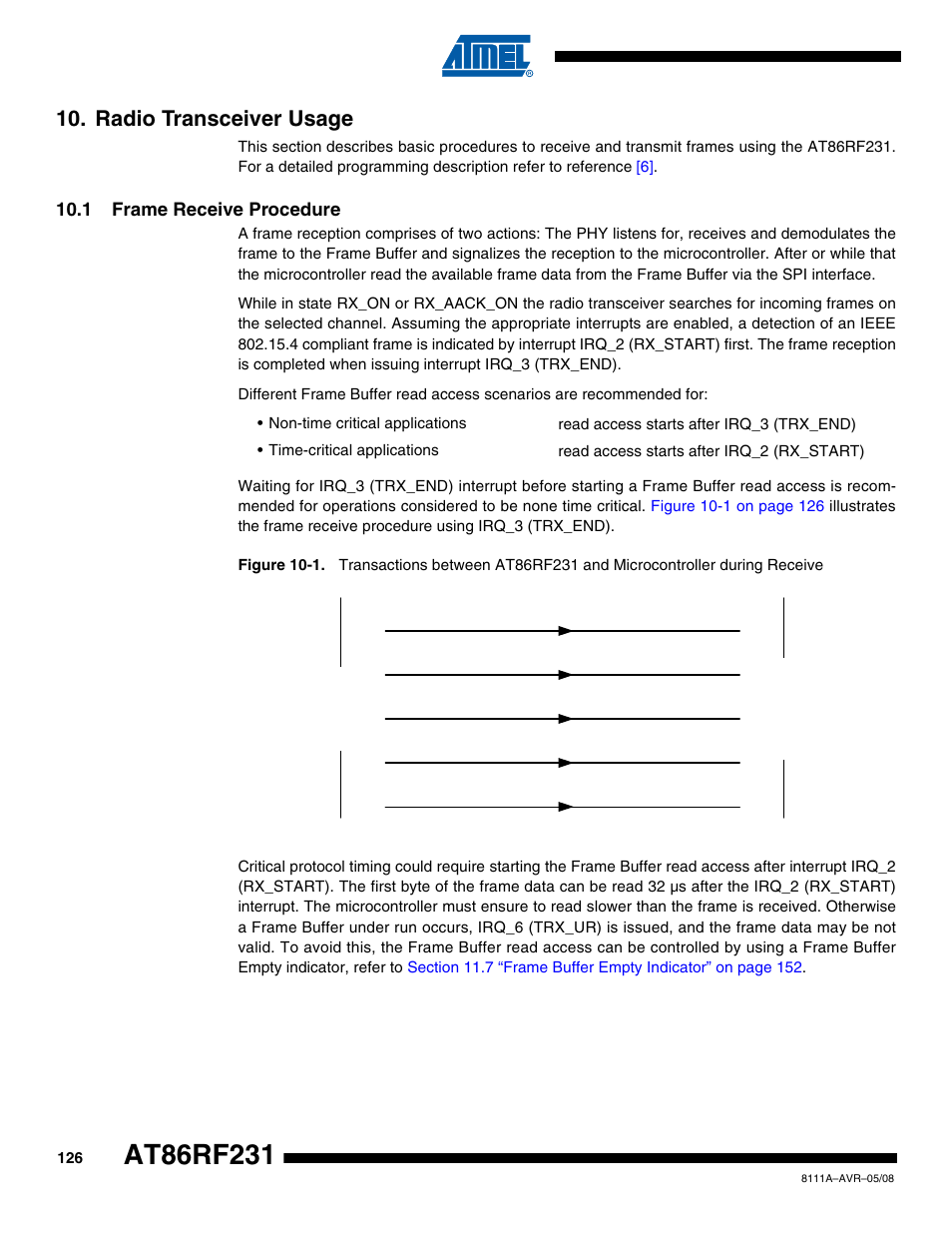 Radio transceiver usage, 1 frame receive procedure, Section 10.1 “frame receive procedure” on | Rainbow Electronics AT86RF231 User Manual | Page 126 / 180