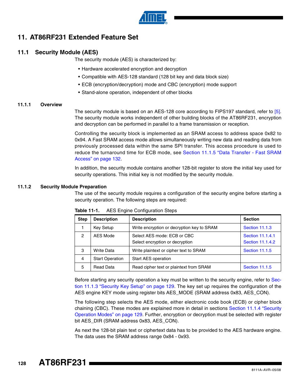 At86rf231 extended feature set, 1 security module (aes), 1 overview | 2 security module preparation, Section 11.1, Tails refer to, Section 11.1 “security module, Section 11 | Rainbow Electronics AT86RF231 User Manual | Page 128 / 180