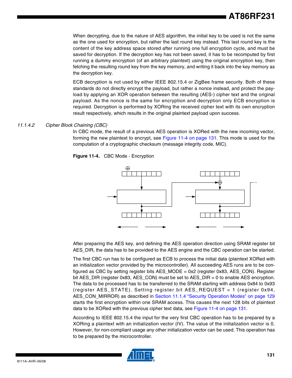 2 cipher block chaining (cbc), Section 11.1.4.2 | Rainbow Electronics AT86RF231 User Manual | Page 131 / 180
