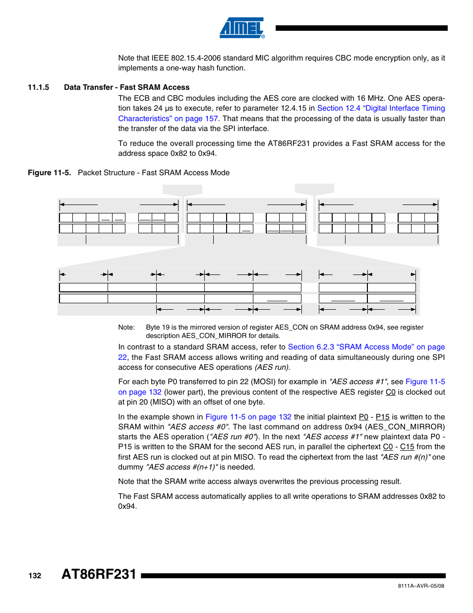 5 data transfer - fast sram access, Section 11.1.5 “data transfer - fast sram, Section 11.1.5 | Rainbow Electronics AT86RF231 User Manual | Page 132 / 180