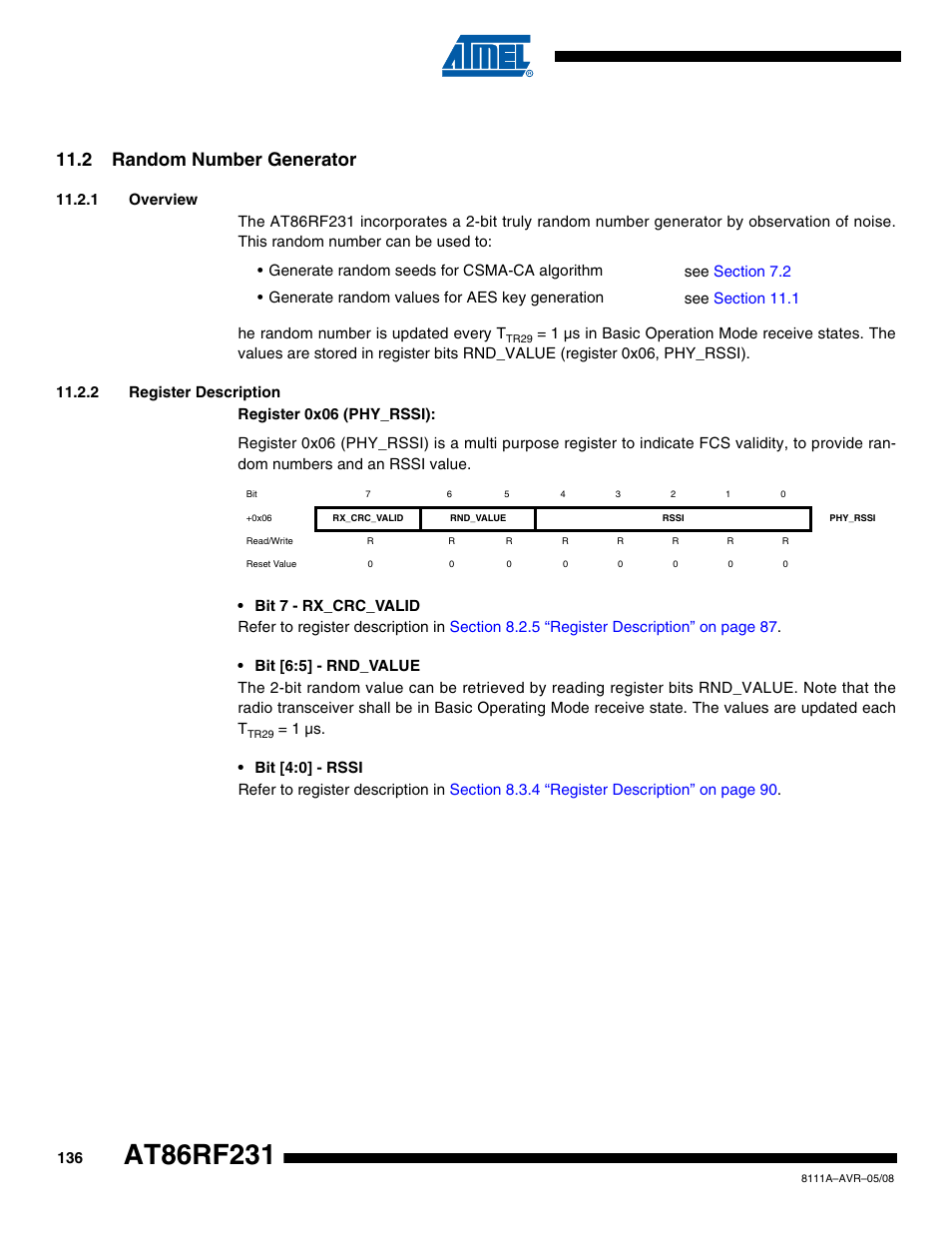 2 random number generator, 1 overview, 2 register description | Section 11.2.1, Section 11.2 “random | Rainbow Electronics AT86RF231 User Manual | Page 136 / 180