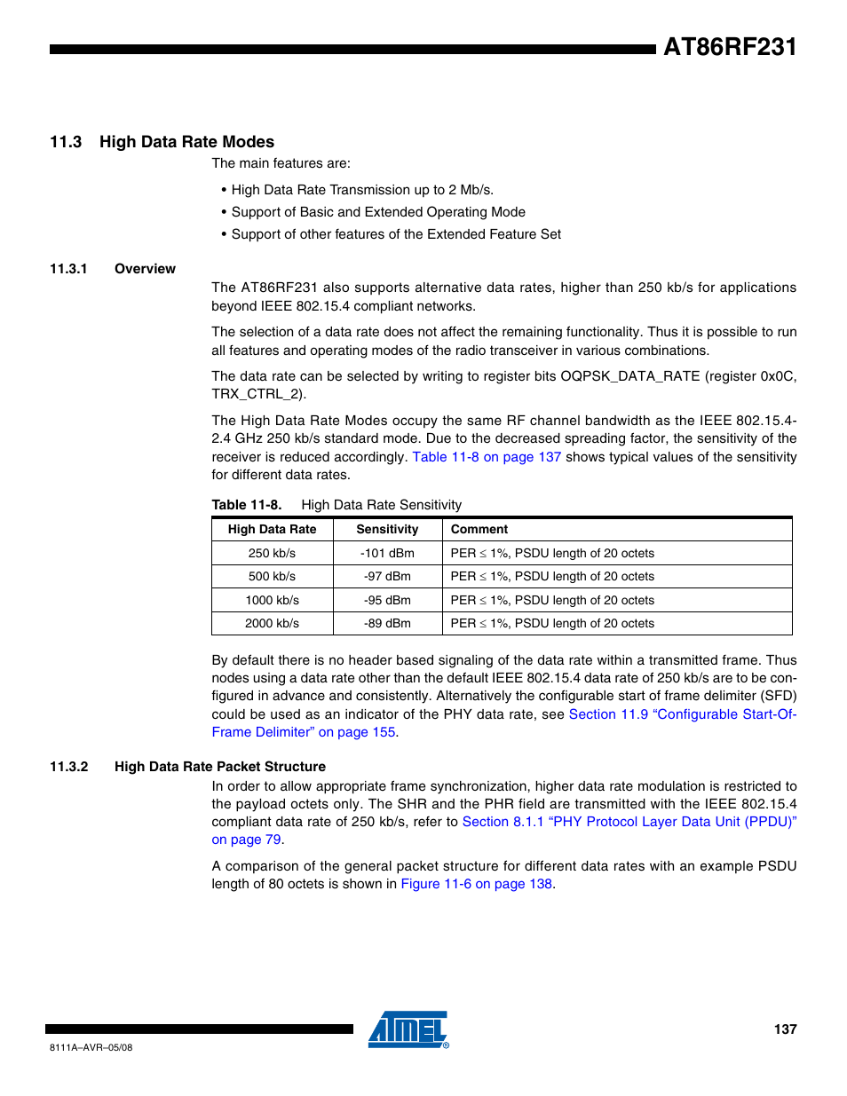 3 high data rate modes, 1 overview, 2 high data rate packet structure | Section 11.3, Section 11.3 “high, Section 11.3 “high data rate | Rainbow Electronics AT86RF231 User Manual | Page 137 / 180