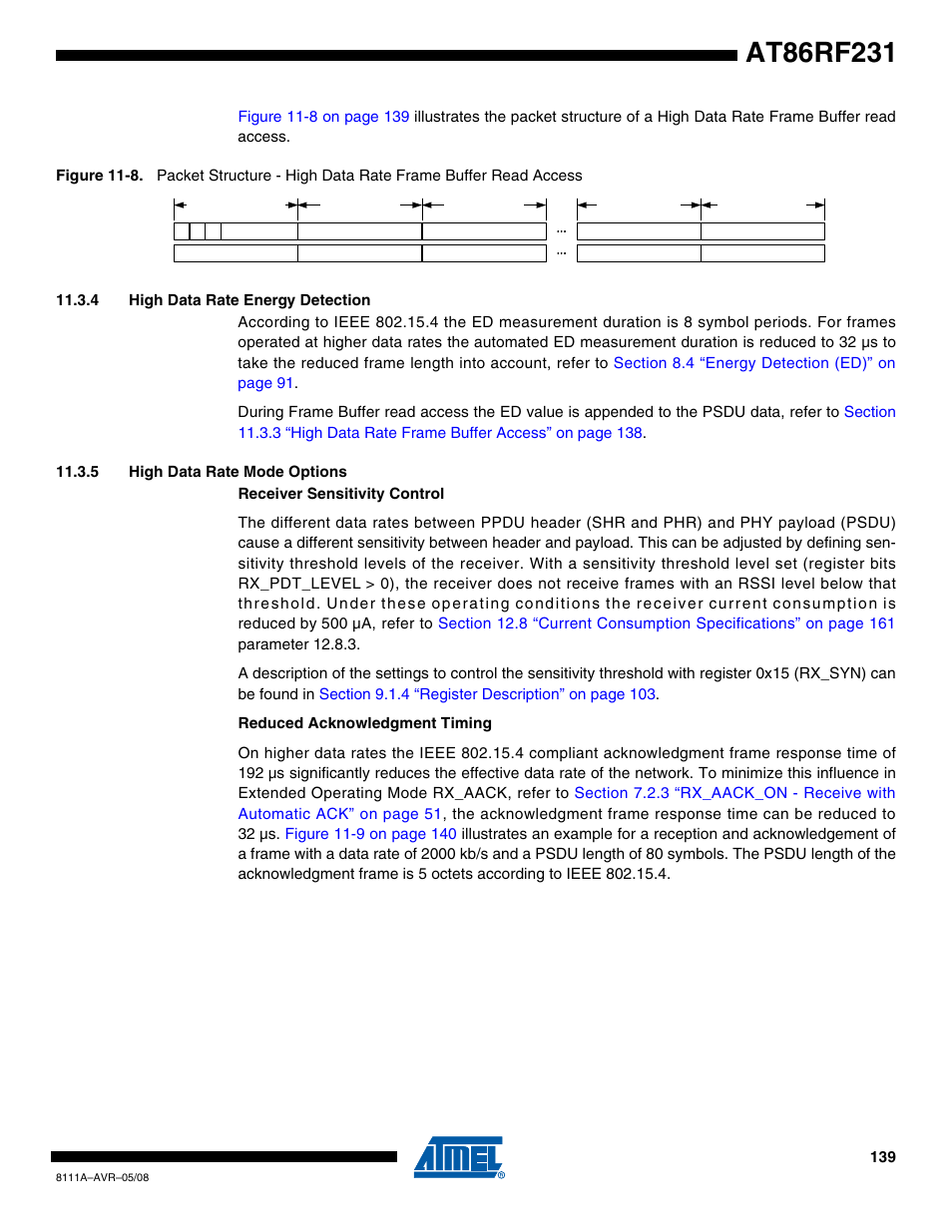 4 high data rate energy detection, 5 high data rate mode options | Rainbow Electronics AT86RF231 User Manual | Page 139 / 180
