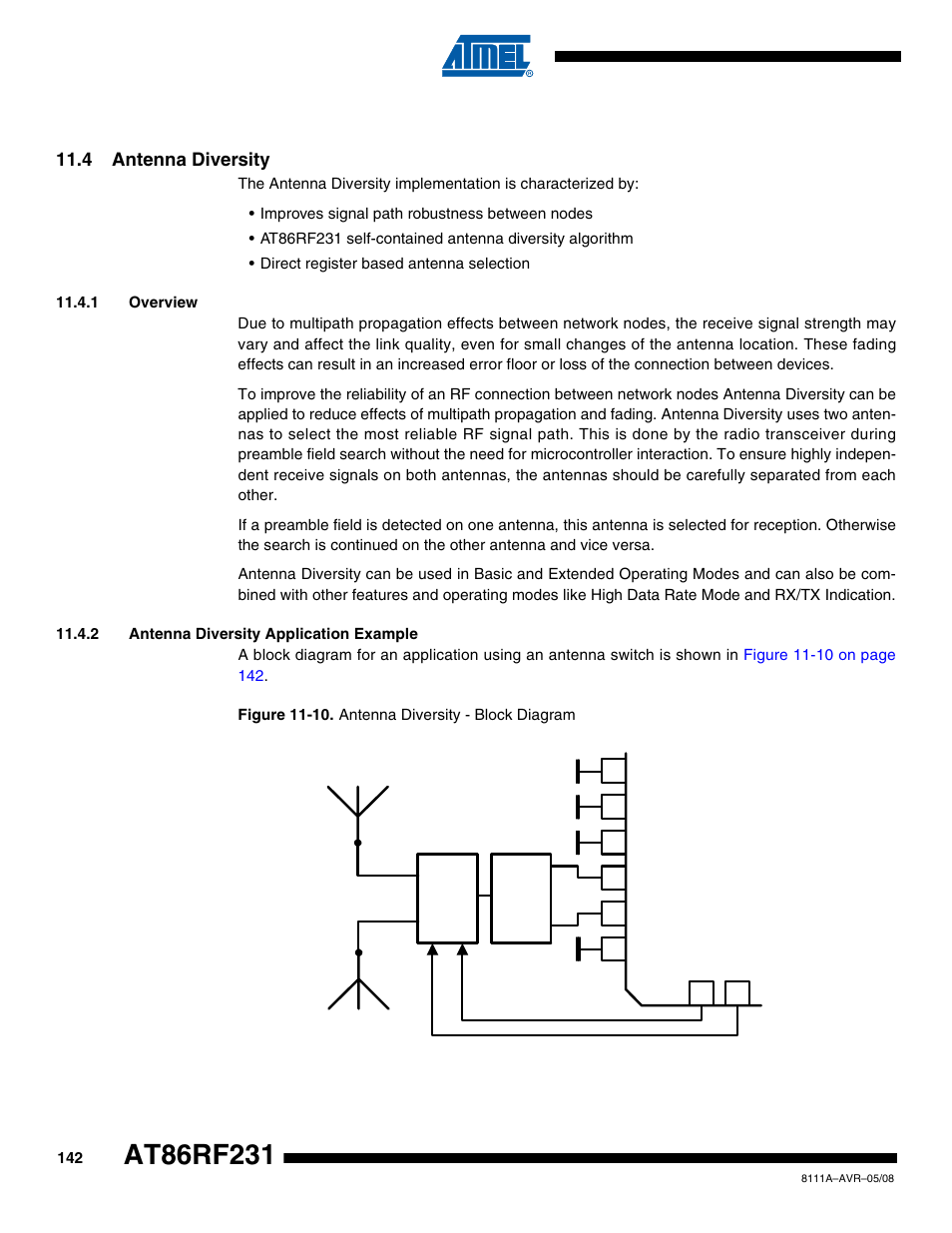 4 antenna diversity, 1 overview, 2 antenna diversity application example | Section 11.4, Section 11.4 “antenna diver | Rainbow Electronics AT86RF231 User Manual | Page 142 / 180