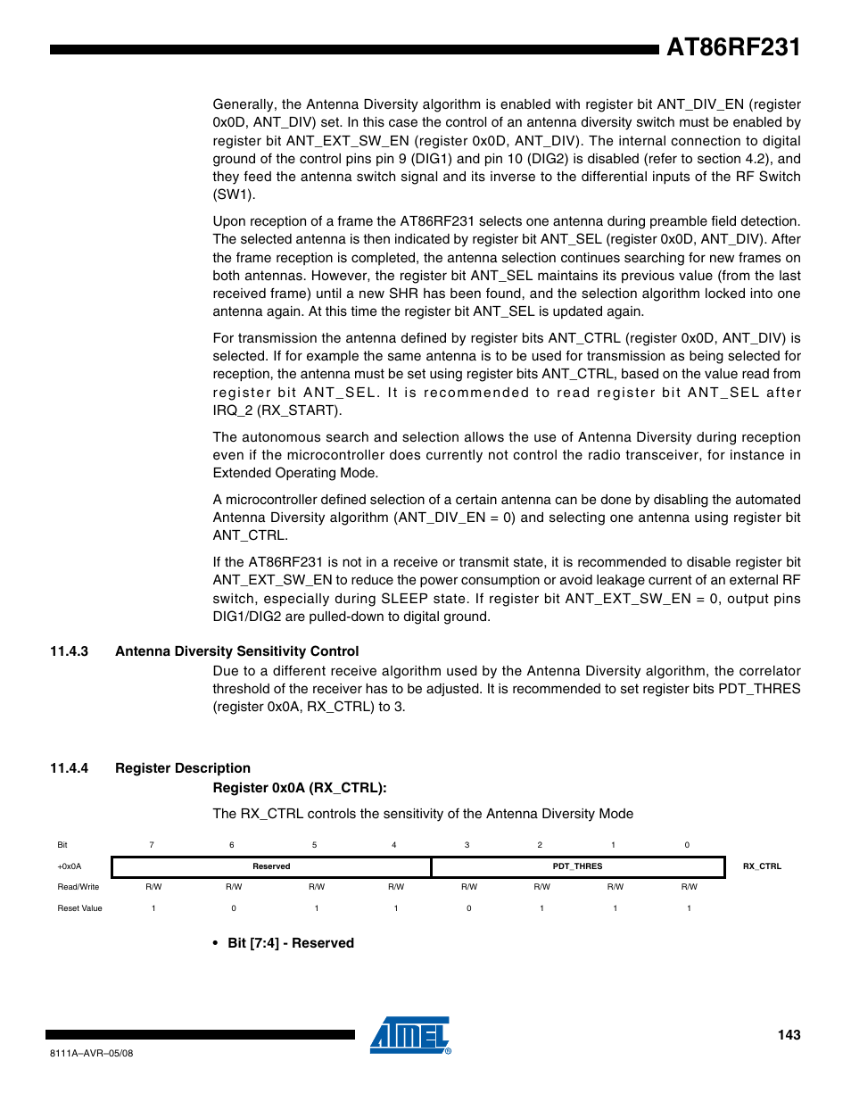 3 antenna diversity sensitivity control, 4 register description | Rainbow Electronics AT86RF231 User Manual | Page 143 / 180