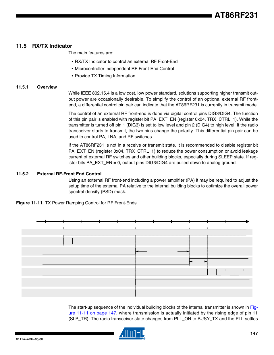 5 rx/tx indicator, 1 overview, 2 external rf-front end control | Section 11.5 | Rainbow Electronics AT86RF231 User Manual | Page 147 / 180