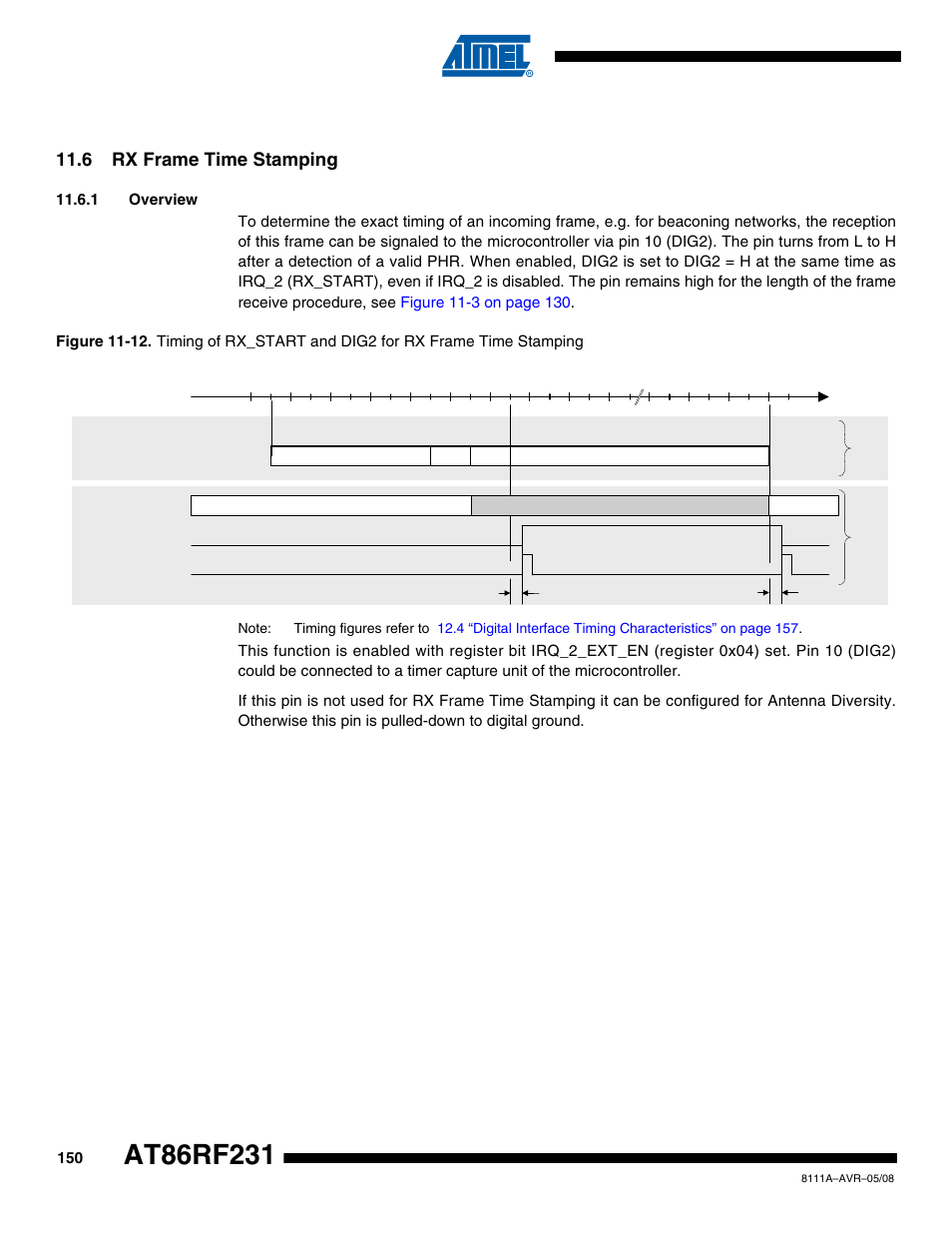 6 rx frame time stamping, 1 overview, Section 11.6 | Rainbow Electronics AT86RF231 User Manual | Page 150 / 180