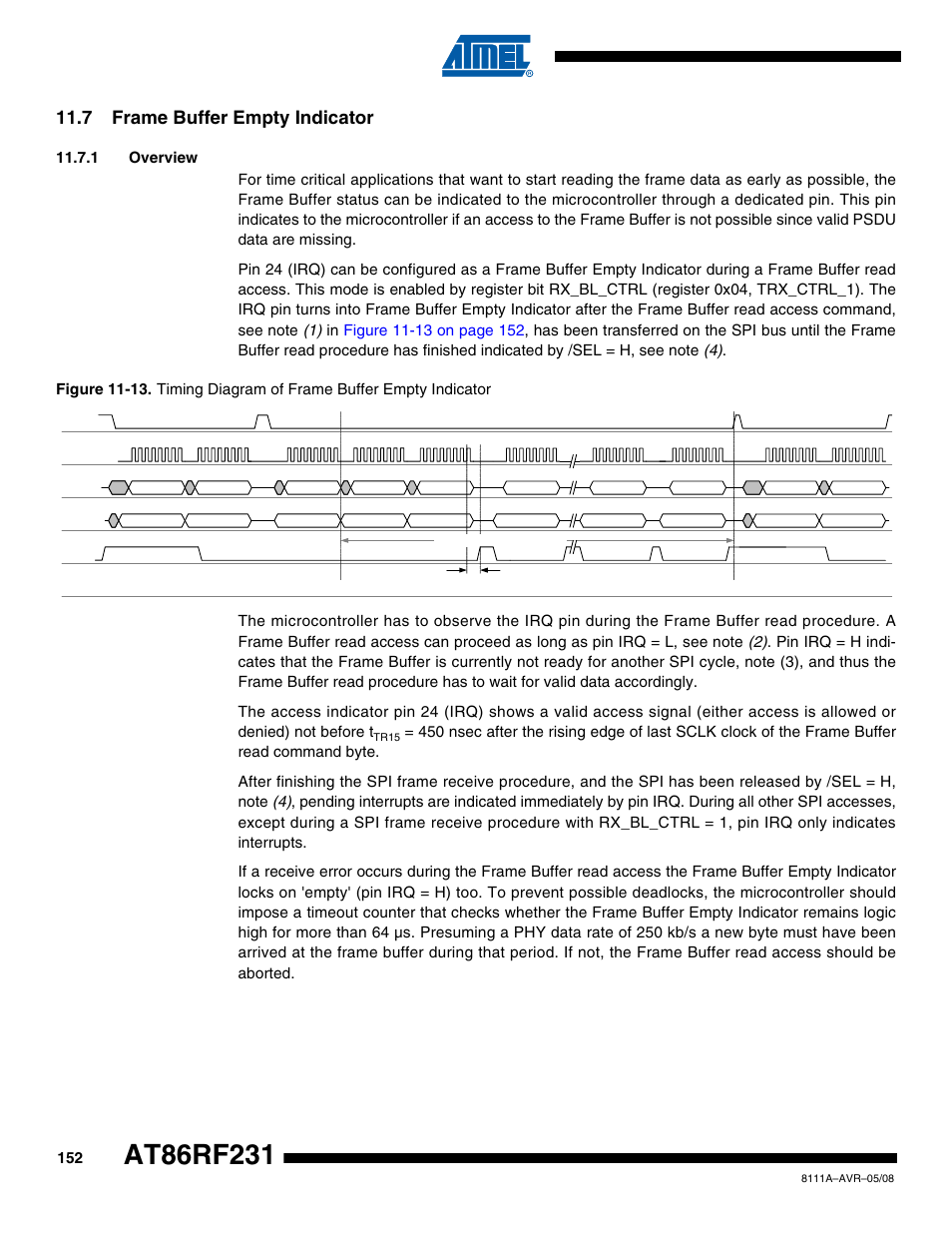 7 frame buffer empty indicator, 1 overview, Section 11.7 | R to, Section | Rainbow Electronics AT86RF231 User Manual | Page 152 / 180