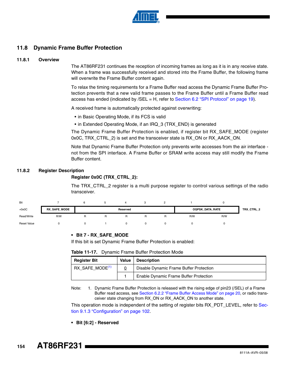 8 dynamic frame buffer protection, 1 overview, 2 register description | Rainbow Electronics AT86RF231 User Manual | Page 154 / 180