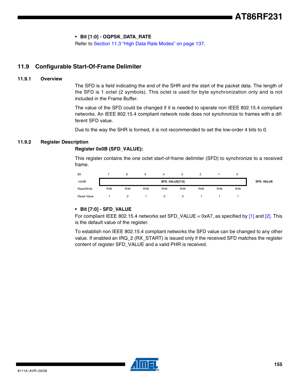 9 configurable start-of-frame delimiter, 1 overview, 2 register description | Section 11.9 “configurable start-of | Rainbow Electronics AT86RF231 User Manual | Page 155 / 180