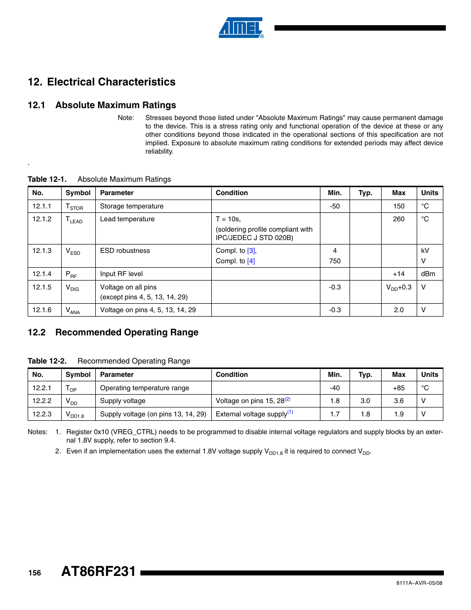 Electrical characteristics, 1 absolute maximum ratings, 2 recommended operating range | Rainbow Electronics AT86RF231 User Manual | Page 156 / 180