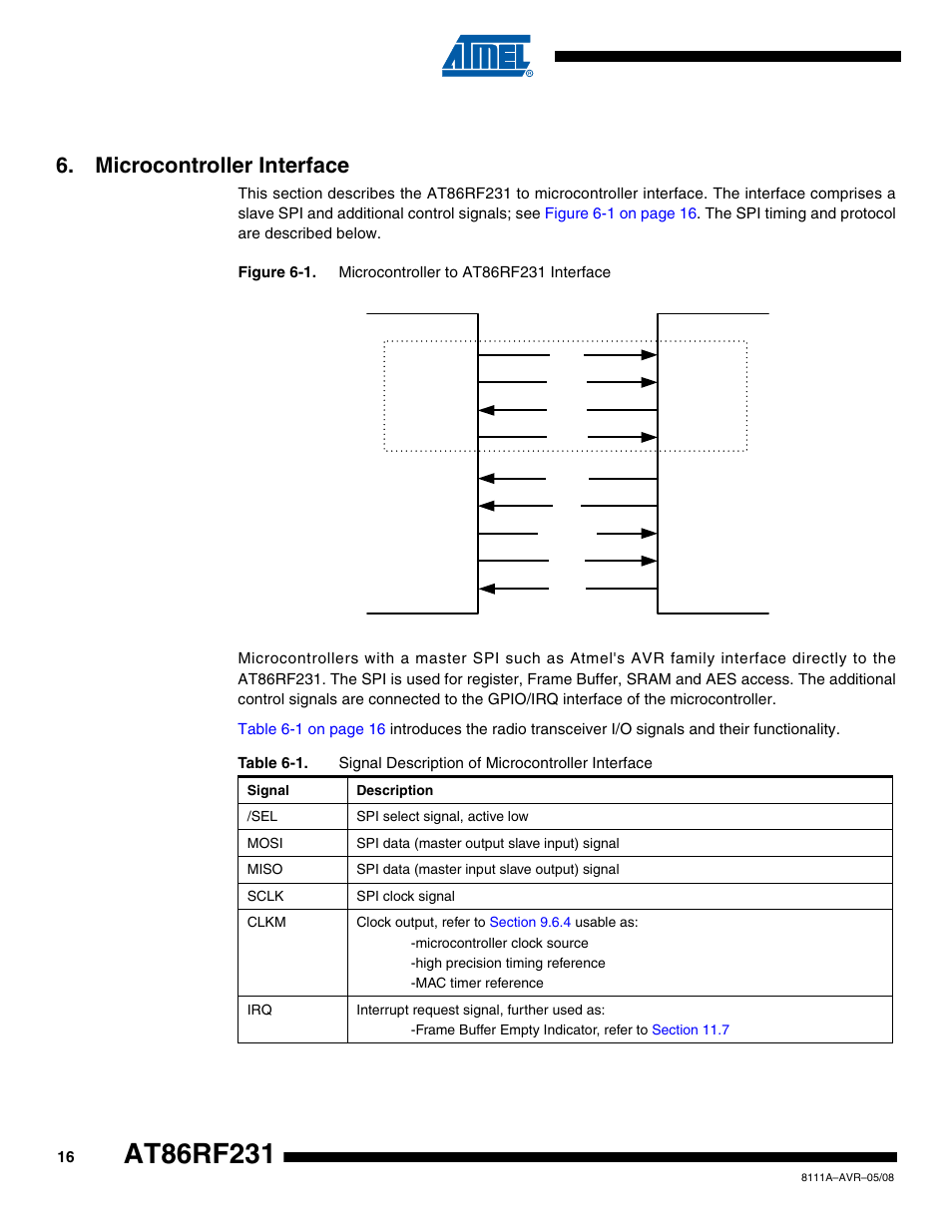 Microcontroller interface, Section 6. “microcontroller | Rainbow Electronics AT86RF231 User Manual | Page 16 / 180