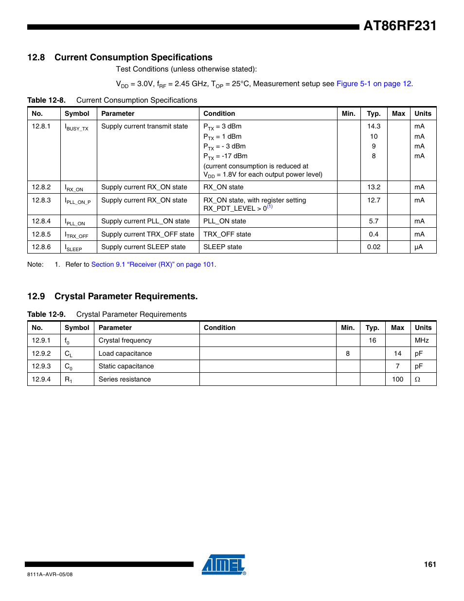 8 current consumption specifications, 9 crystal parameter requirements, Section 12.8 “current consumption specifi | Rainbow Electronics AT86RF231 User Manual | Page 161 / 180
