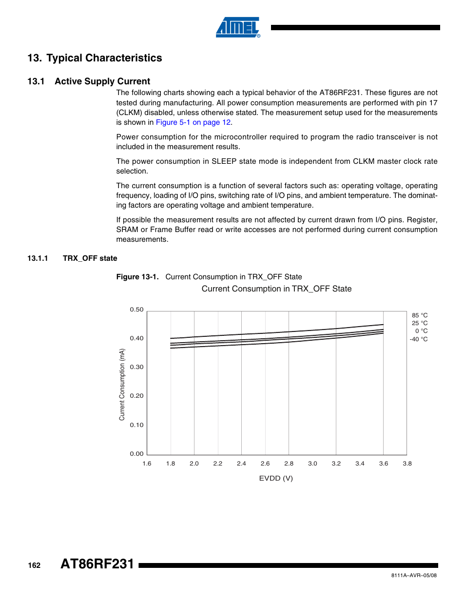 Typical characteristics, 1 active supply current, 1 trx_off state | Rainbow Electronics AT86RF231 User Manual | Page 162 / 180
