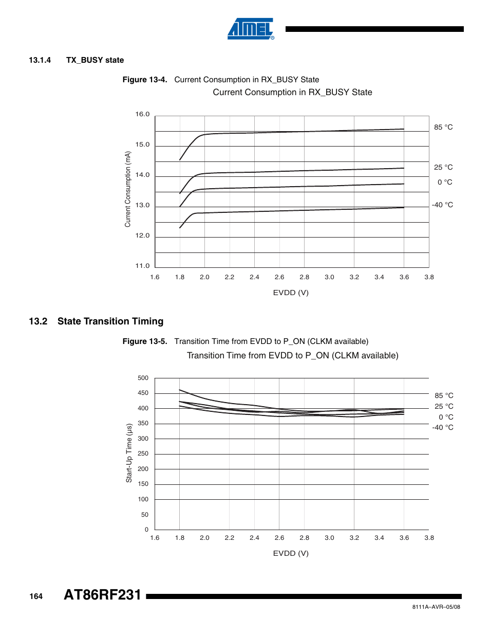 4 tx_busy state, 2 state transition timing, Current consumption in rx_busy state | Transition time from evdd to p_on (clkm available) | Rainbow Electronics AT86RF231 User Manual | Page 164 / 180