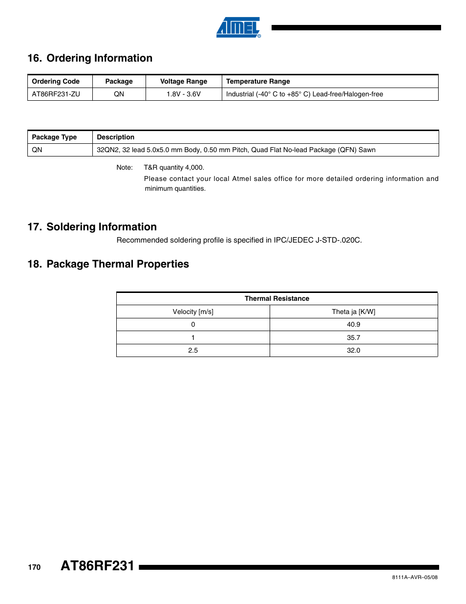 Ordering information, Soldering information, Package thermal properties | Rainbow Electronics AT86RF231 User Manual | Page 170 / 180