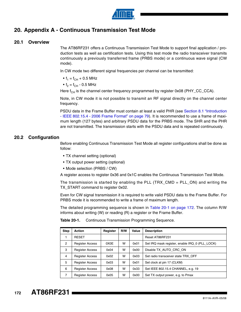 Appendix a - continuous transmission test mode, 1 overview, 2 configuration | Rainbow Electronics AT86RF231 User Manual | Page 172 / 180