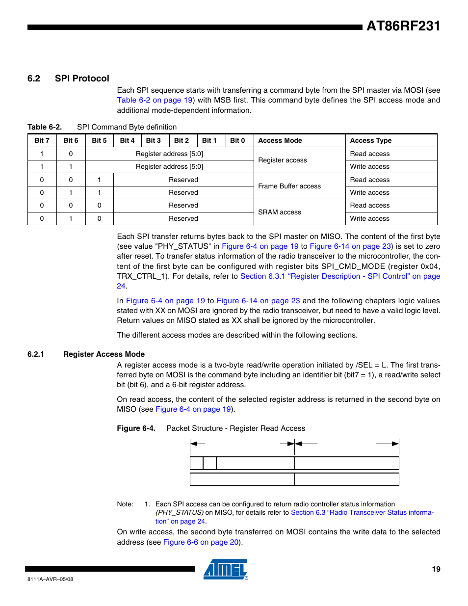 2 spi protocol, 1 register access mode | Rainbow Electronics AT86RF231 User Manual | Page 19 / 180